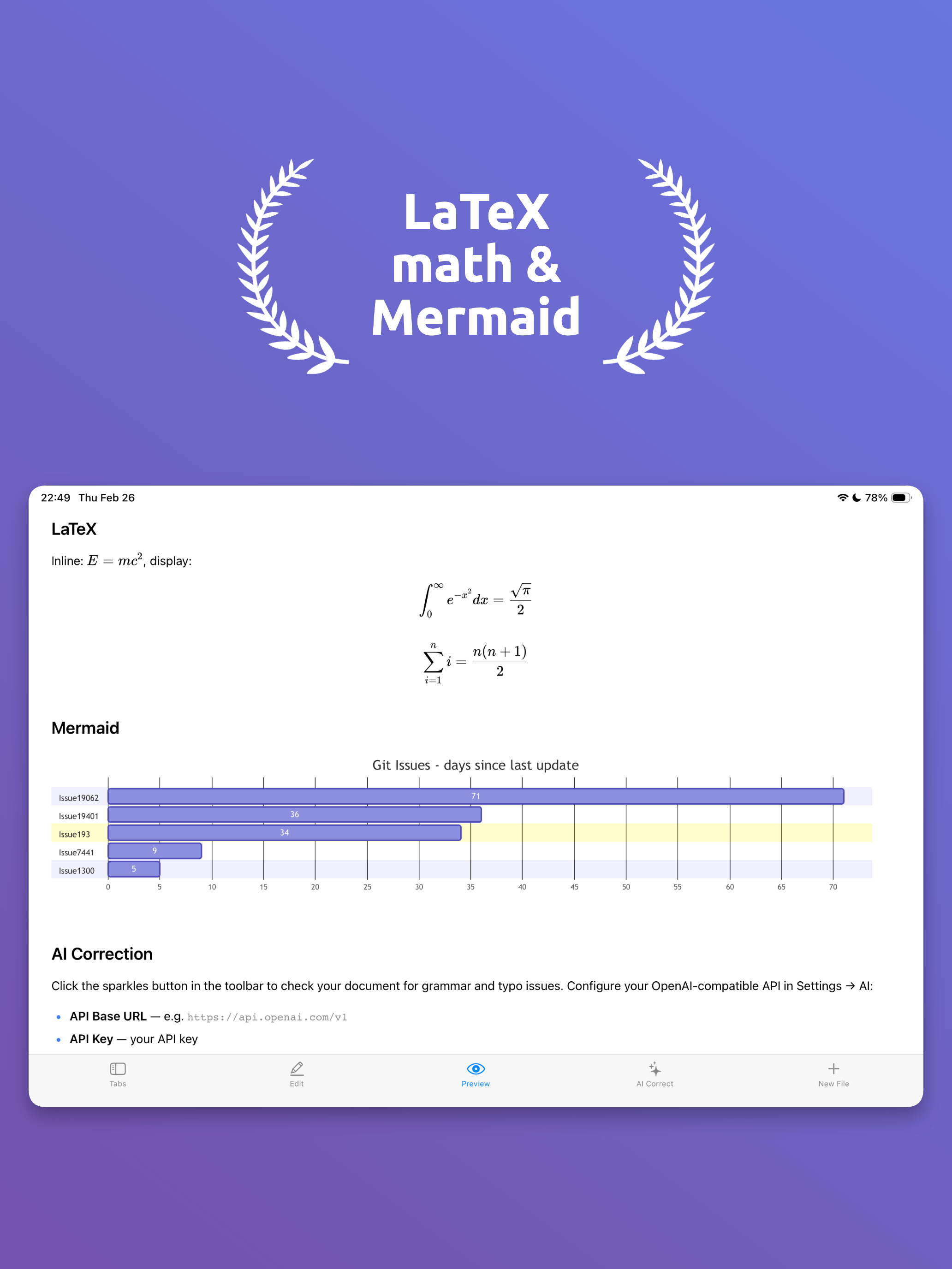 dotmd on iPad — LaTeX and Mermaid